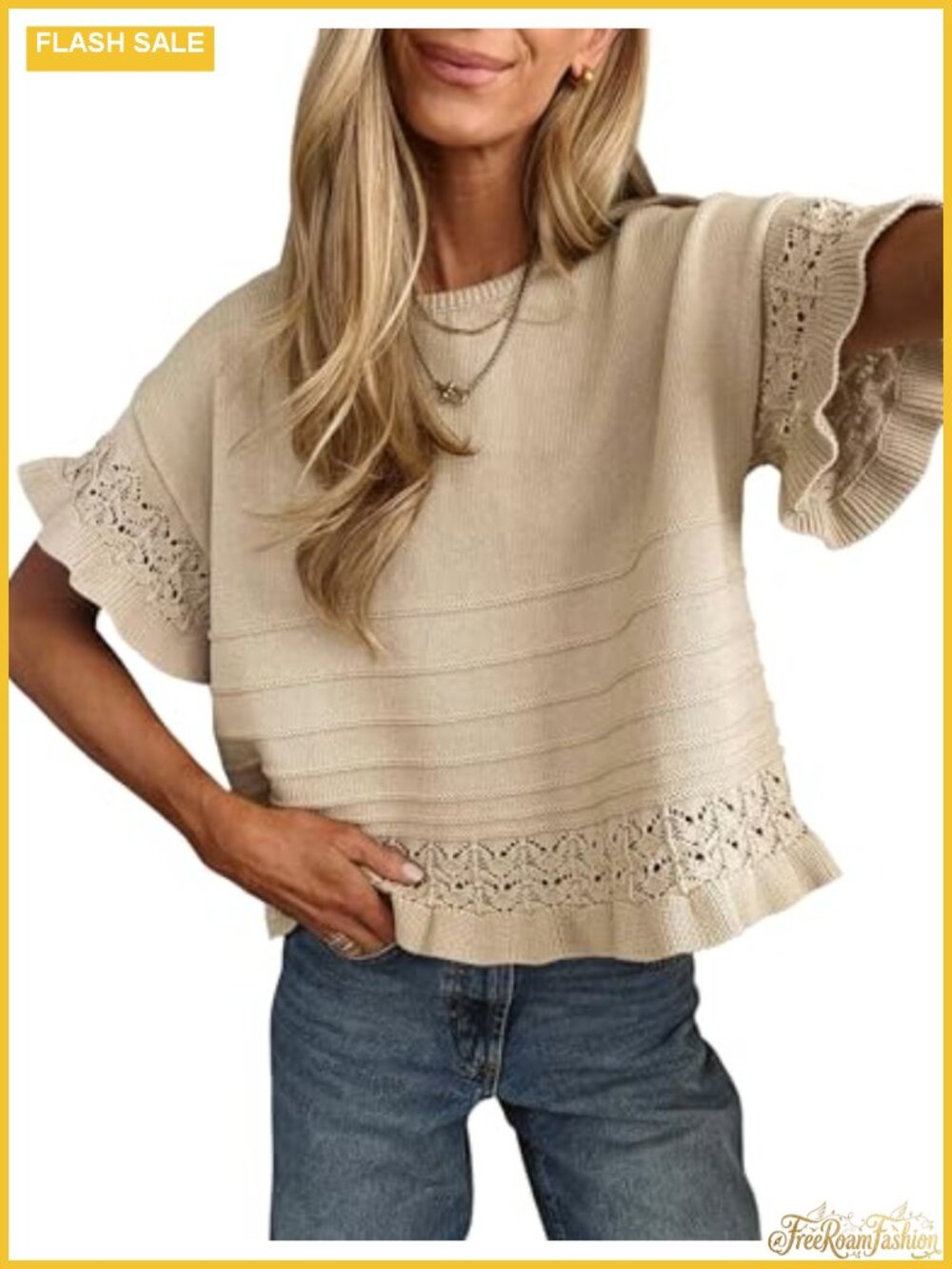 Womens Knit Crochet Pullover Sweater Short Sleeve Ruffle Hem Casual Top